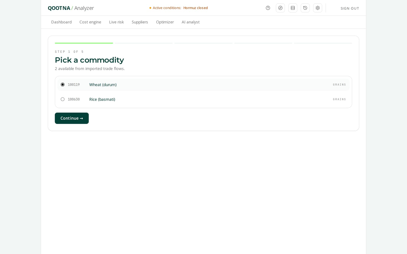Qootna, the first step of a new analysis, choosing the commodity