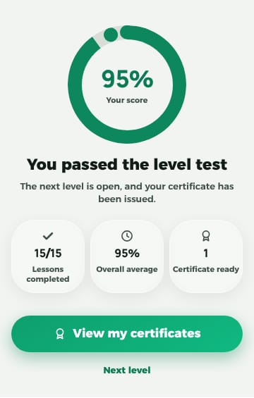 Sharasign mobile app, the level test passed and the certificate issued