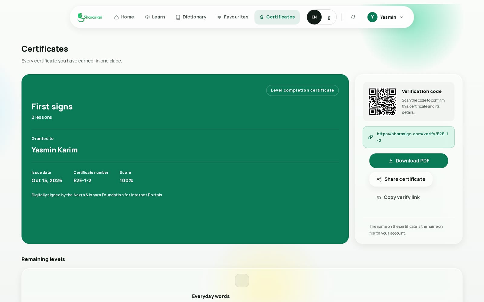 Sharasign, a level certificate with its QR verification code
